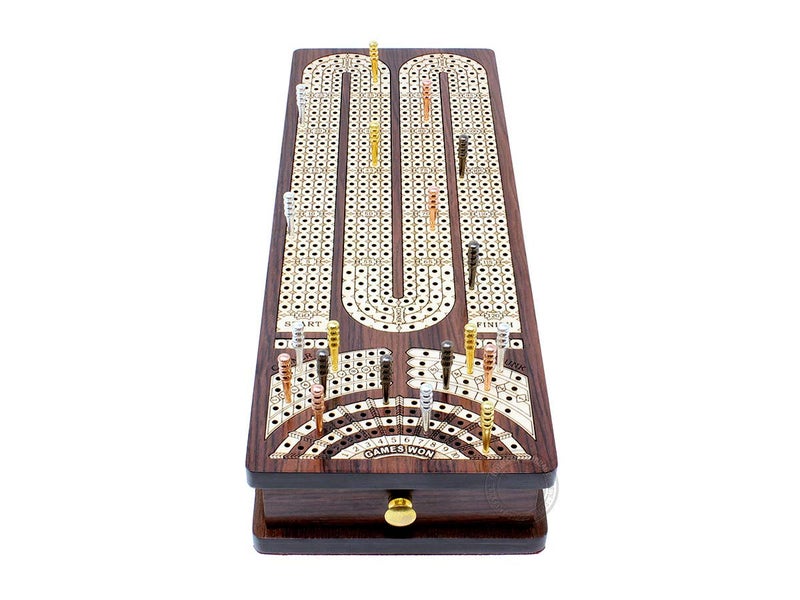 House of Cribbage - Continuous Cribbage Board/Box Inlaid in Rosewood/Maple : 4 Track - Side Drawers with Score Marking Fields for Skunks, Corners and Won Games - Image 5